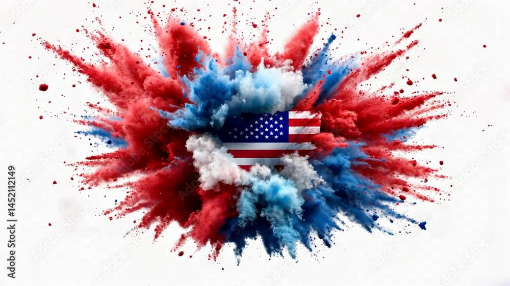 A 3D explosion of red white and blue powder surrounds the American flag, showcasing the patriotic spirit for Veterans Day and Memorial Day