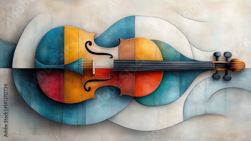 Violin in wooden cubism style, with vibrant multicolored layers and angular geometric forms. An abstract composition combining music and cubist abstraction into one fluid artwork.