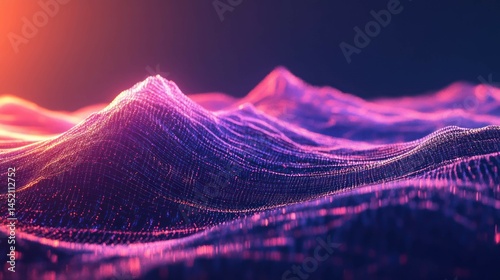 Abstract digital mountains with neon light and grid pattern. Futuristic design.