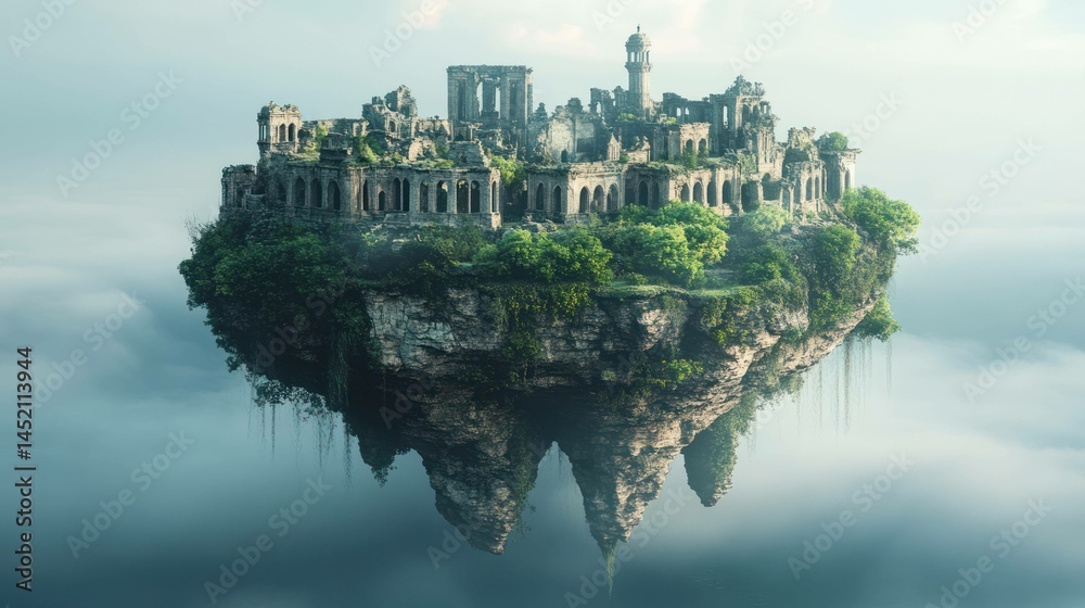 Naklejka premium Floating island with ancient ruins surrounded by mist, dreamy aesthetic.