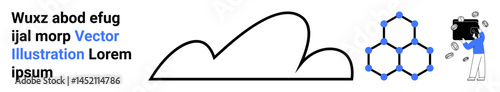 Minimal cloud line art, hexagonal network nodes, and a photographer with a camera. Ideal for technology, creativity, cloud storage, photography, innovation, networking science simple landing page