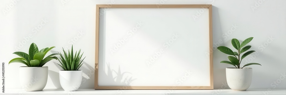 Obraz premium Black frame mockup, white shelf, plants, home decor, mockup template, plant shelf, interior