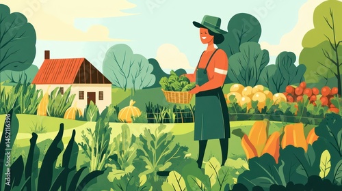 Illustration of a woman gardening in a vibrant vegetable garden.