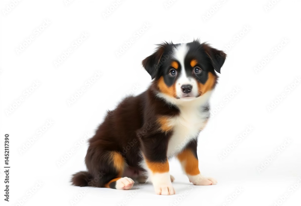 Fototapeta premium Australian Shepherd puppy sits alertly against a pure white backdrop, sitting, happy dog