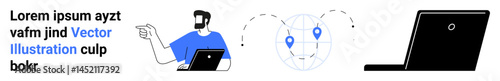 Man gestures while using laptop, global map with location markers, open laptop icon. Ideal for remote work, communication, globalization, collaboration, digital solutions, technology flat landing