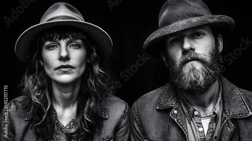 Black and White Portrait of a Musical Duo Wearing Hats