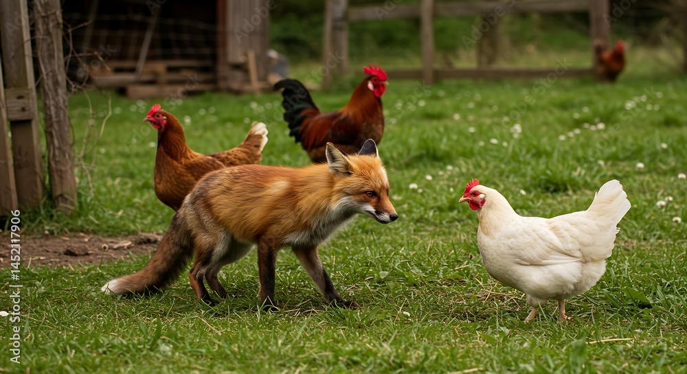 Fototapeta premium A red fox approaches a group of chickens in a grassy farm setting near a wooden fence.