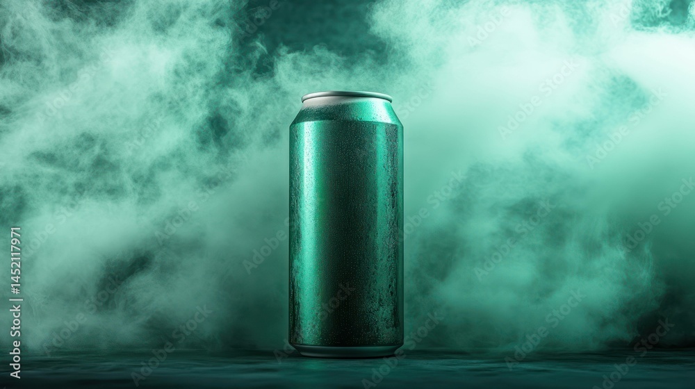 Cool, refreshing turquoise can of soda stands in a misty, atmospheric setting. Cool, refreshing turquoise can of soda stands in a misty, atmospheric setting.