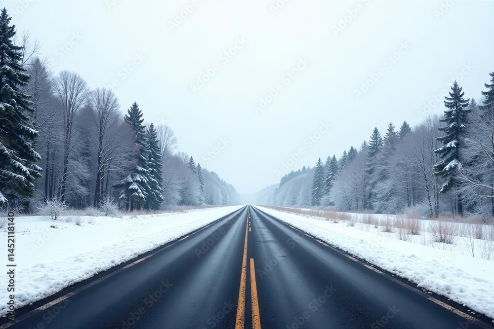 Fototapeta premium A scenic winter road journey through a snow-covered forest with a tranquil atmosphere and an inviting path ahead