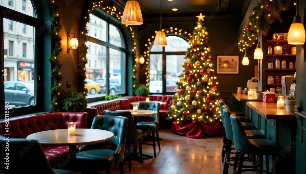 Chic city cafe, decorated Christmas tree, festive atmosphere, warm, architecture Chic city cafe, decorated Christmas tree, festive atmosphere, warm, architecture