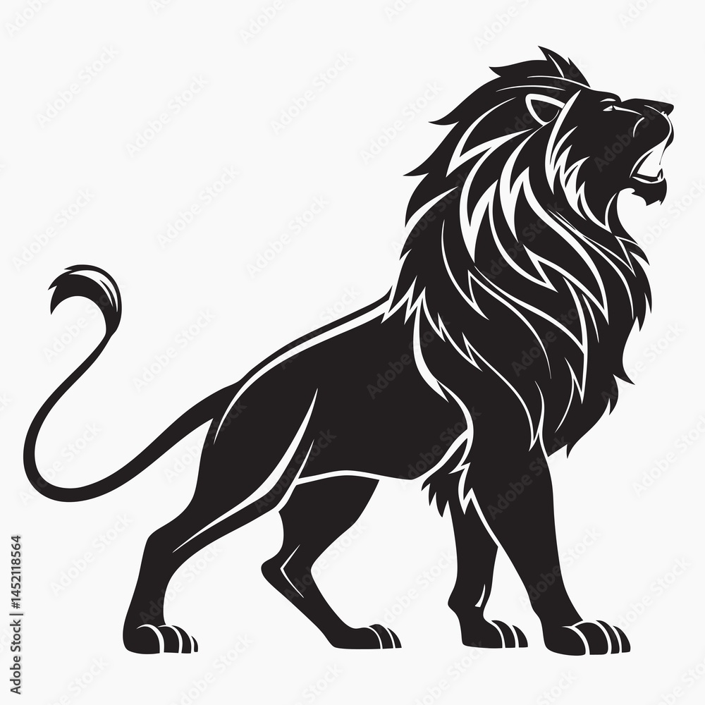 Obraz premium Roaring Black Lion Silhouette | Majestic King of the Jungle Vector , A majestic lion roaring, a powerful silhouette illustration isolated on white background, symbolizing strength, royalty