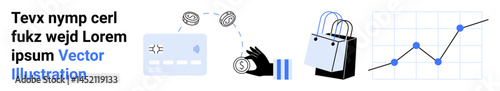 Credit card, hand with coins, shopping bag, growth chart symbolizing payments, e-commerce, and analytics. Ideal for e-commerce, payments shopping finance analytics technology trends. Flat
