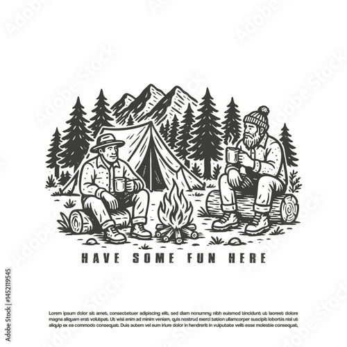 Vintage retro two men camping relaxing while drinking coffee in front of a campfire vector art