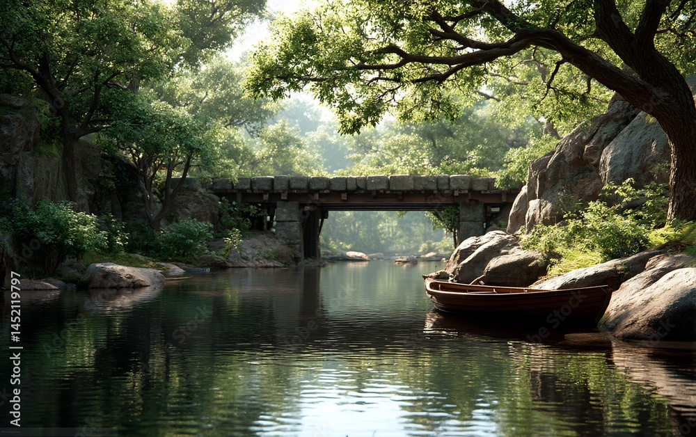 Fototapeta premium Serene river scene with stone bridge boat