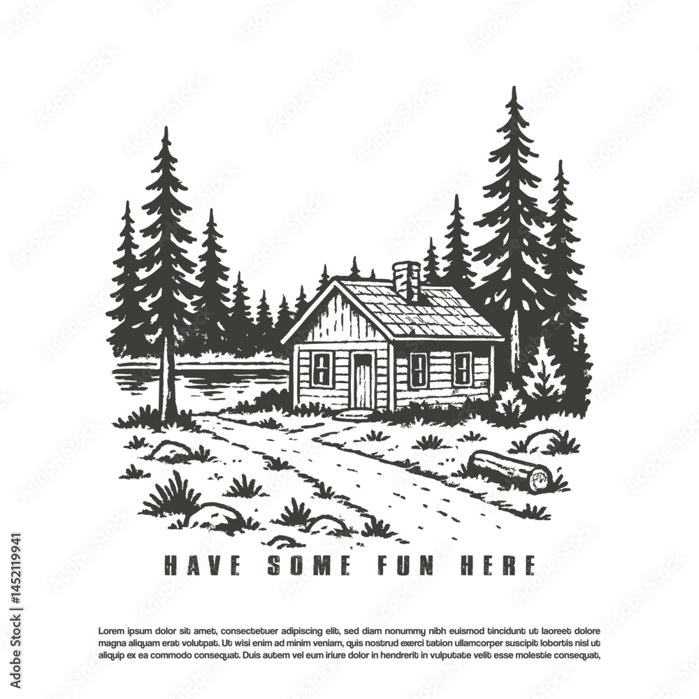 Fototapeta premium Vintage hand drawn small wooden cabin with river in the side of cabin illustration