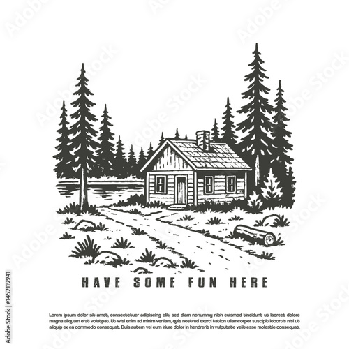 Vintage hand drawn small wooden cabin with river in the side of cabin illustration