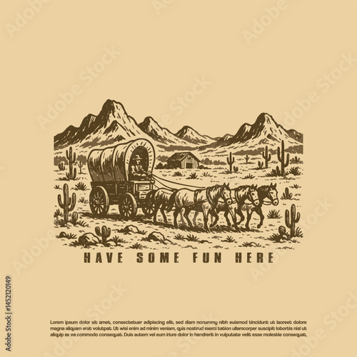 Vintage retro hand drawn horse carrying covered wagon vector