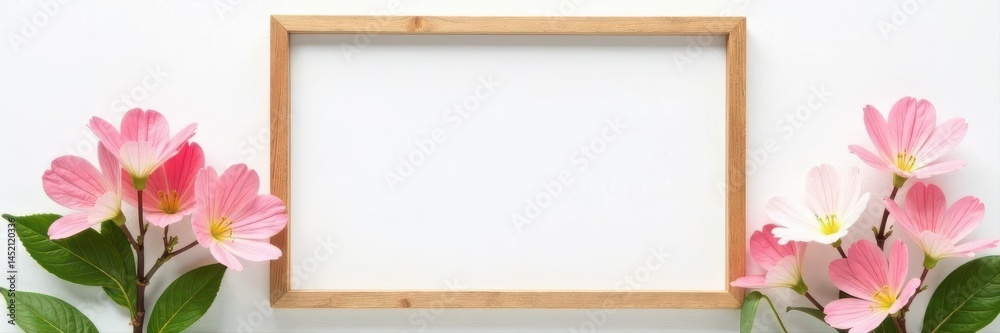 Naklejka premium Wooden frame mockup, white wall, gypsophila Landscape orientation, copy space , gypsophila, wood