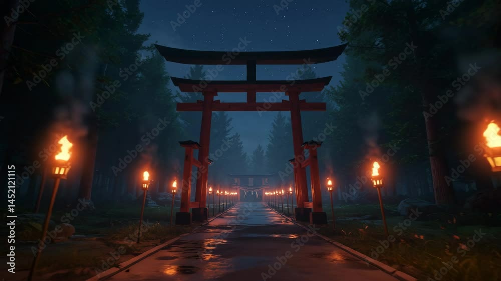 asian gate with torch fire in night 