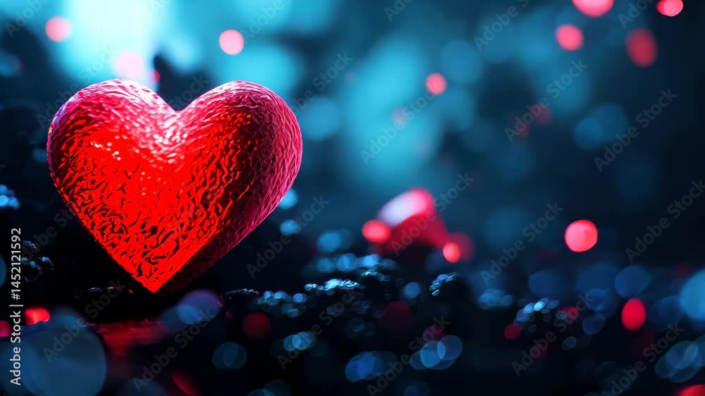 A vibrant red heart shape stands out against a dark abstract background, enhanced by soft bokeh lights, evoking love and emotion in a creative, artistic design.