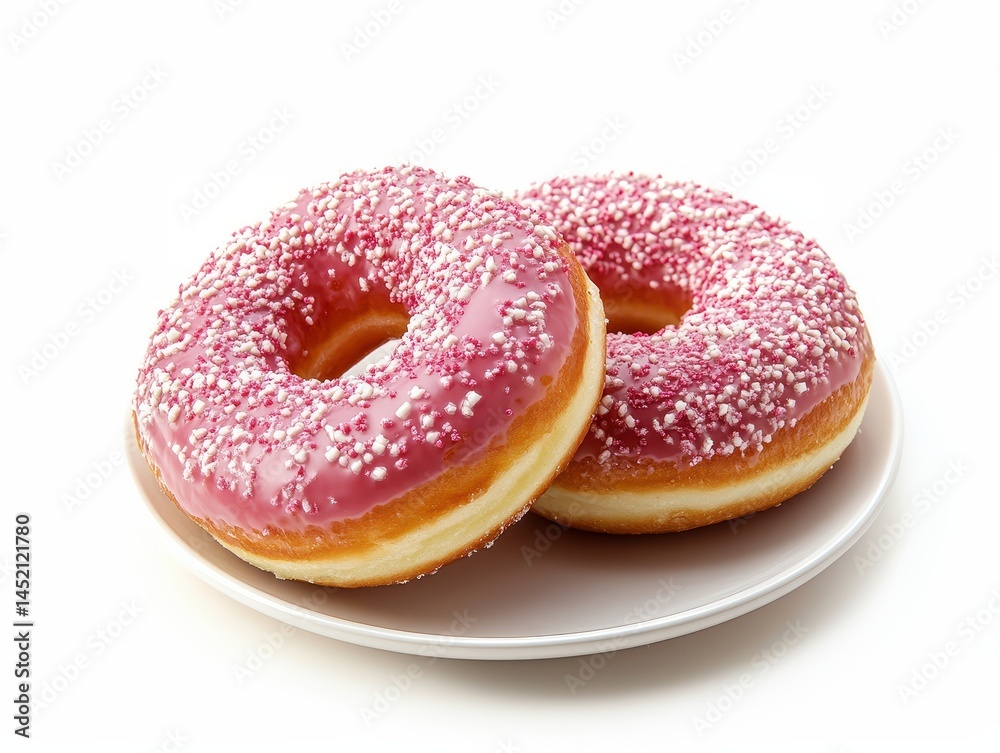 Freshly made pink glazed donuts with sprinkles served on a white plate Freshly made pink glazed donuts with sprinkles served on a white plate
