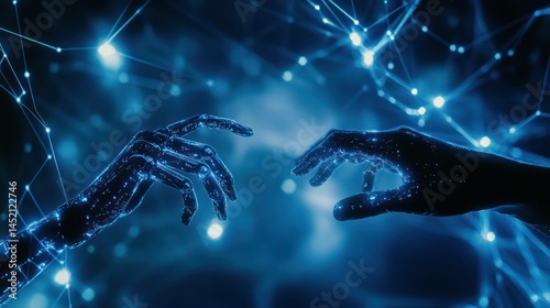 AI and human connection with glowing, futuristic hands reaching for contact.