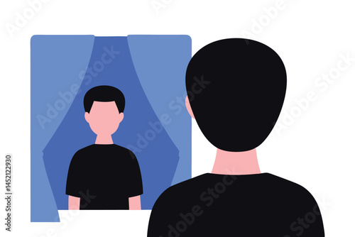 Man Looking at His Reflection in a Mirror with Blue Curtains