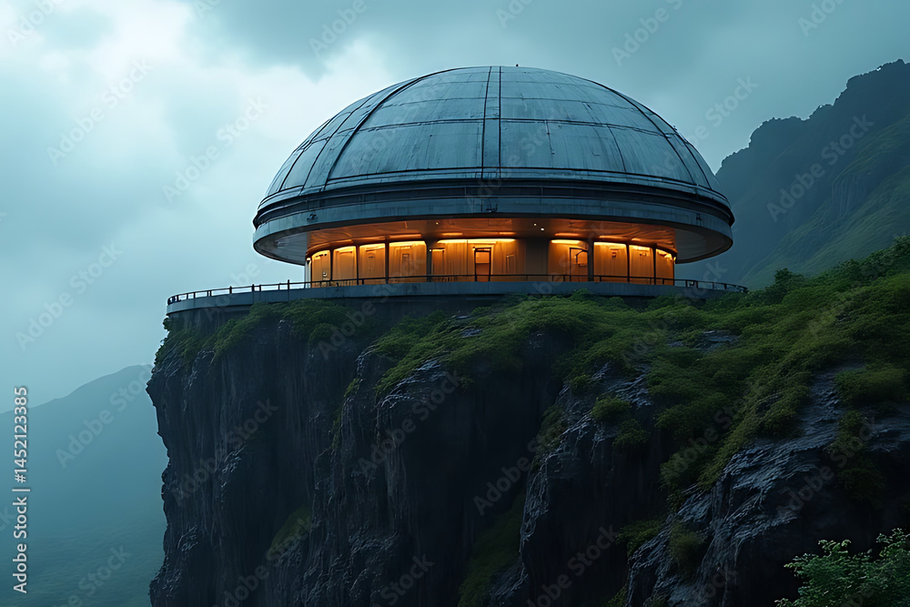 Obraz premium Advanced sci-fi observatory atop a wet cliff during monsoon, thunderclouds, glowing control panels, and reflective metal textures