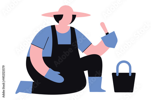 Gardener Kneeling, Planting, Gardening, Agriculture, Farming, Illustration