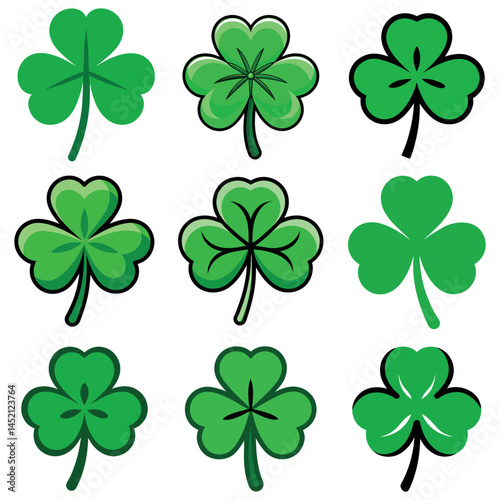 Shamrock Variety: A collection of meticulously crafted shamrocks, each a vibrant embodiment of luck and heritage, presented in an illustrative style.