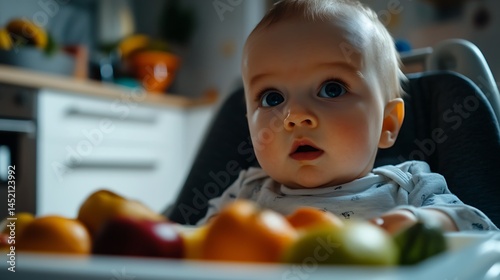 Adorable Baby in High Chair with Fruit