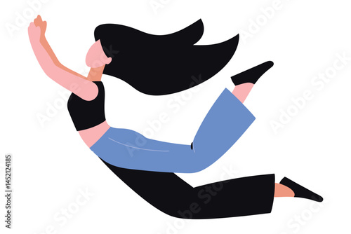 Young Woman with Long Hair Flying Through the Air, Vector Illustration