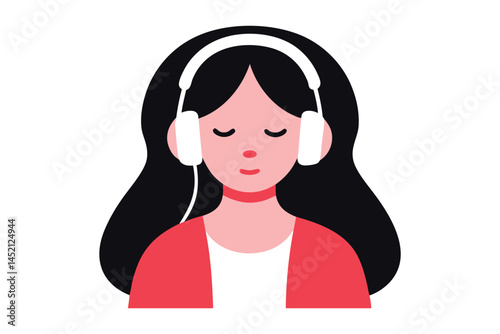 Serene Woman Listening to Music with White Headphones, Minimalist Illustration
