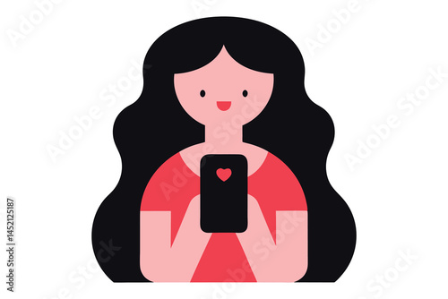 Happy Woman with Long Hair Using Smartphone with Heart Icon on Screen