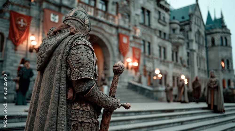 Medieval figure guarding historical building Medieval figure guarding historical building