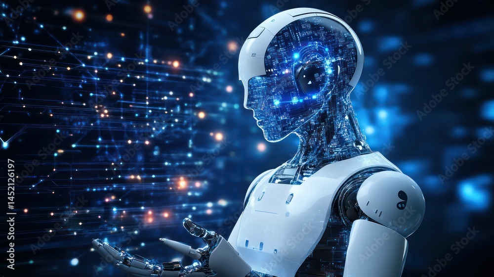 A futuristic humanoid robot with glowing circuitry and digital connections. A futuristic humanoid robot with glowing circuitry and digital connections.