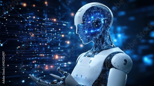 A futuristic humanoid robot with glowing circuitry and digital connections.