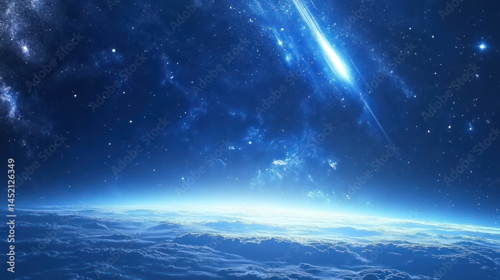 A surreal, ethereal illustration of Earth from space, with a falling comet. A surreal, ethereal illustration of Earth from space, with a falling comet.