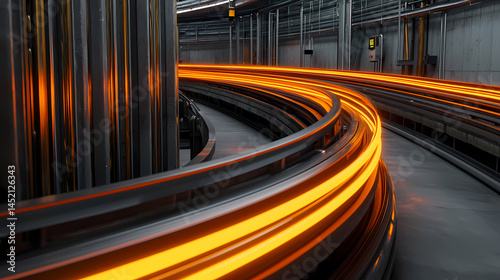 Wallpaper Mural Curved industrial conveyor belts with glowing orange lights move swiftly through a modern, metallic factory setting. Torontodigital.ca