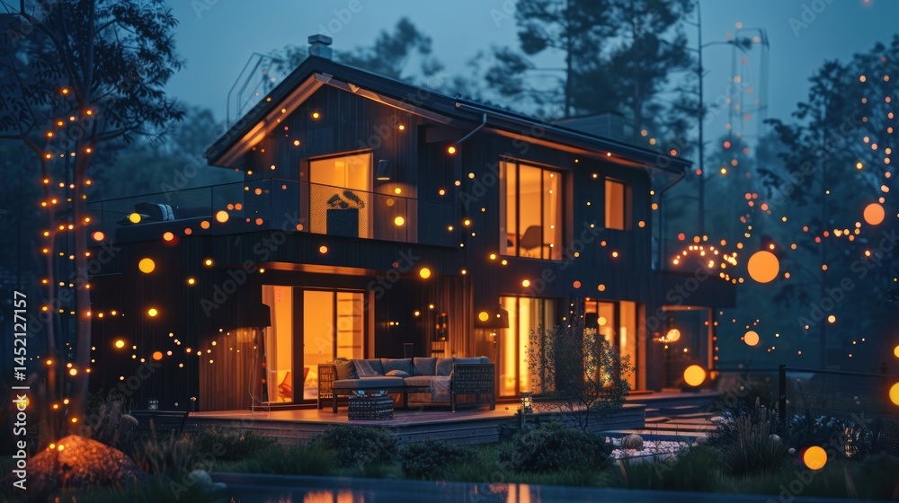 Obraz premium Cozy modern home at night, illuminated by warm lights