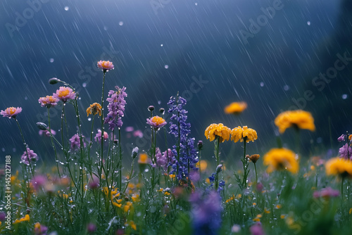 A gentle spring shower nourishes a vibrant meadow of colorful wildflowers, painting a tranquil and refreshing scene with water droplets and soft light.