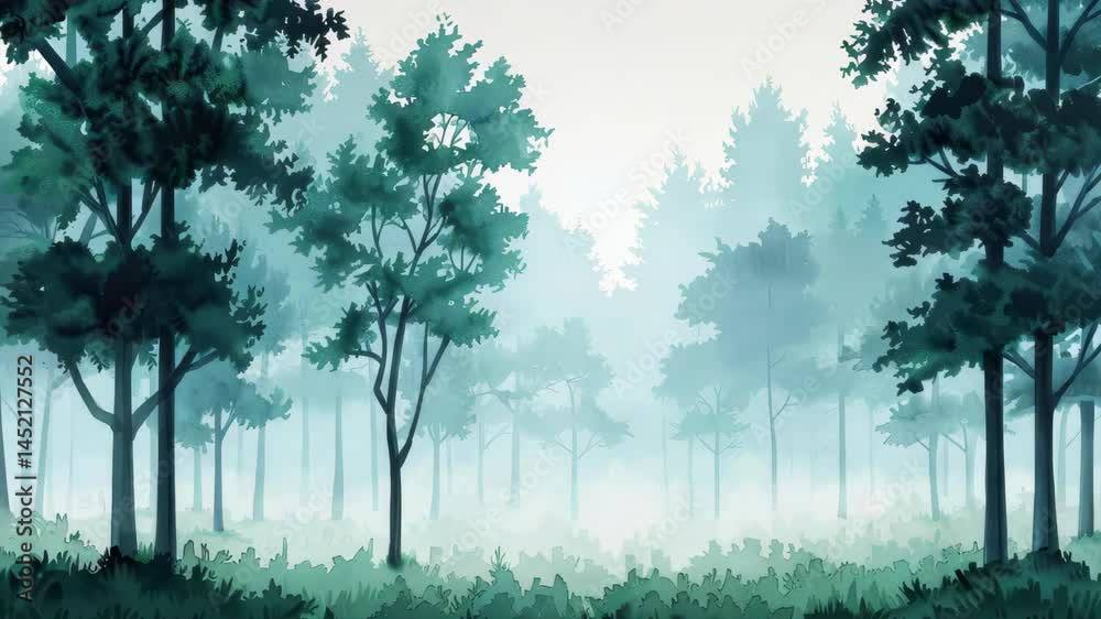 A serene misty forest landscape featuring tall green trees and soft fog enveloping the area, creating a peaceful and tranquil atmosphere ideal for nature lovers.