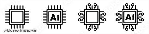 Circuit board of computer or Ai chip icon vector silhouette set