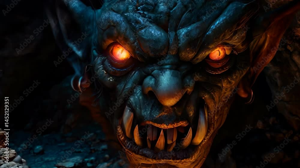 A fierce goblin emerges from the shadows, showcasing intense golden eyes and a menacing expression. This imaginative artwork captures the essence of dark fantasy. A fierce goblin emerges from the shadows, showcasing intense golden eyes and a menacing expression. This imaginative artwork captures the essence of dark fantasy.