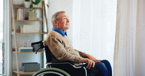 Εκτύπωση καμβά Wheelchair, thinking and elderly man in home for nostalgia, vision or remember past memory