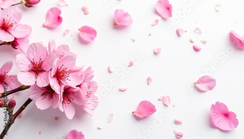 Delicate pink sakura blossoms, scattered petals on white background, blossom, pattern, cherry blossom