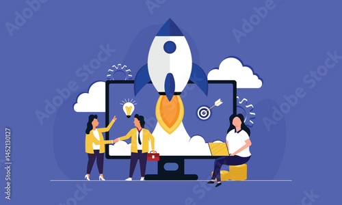 Business Startup concept, People working on the rocket launch