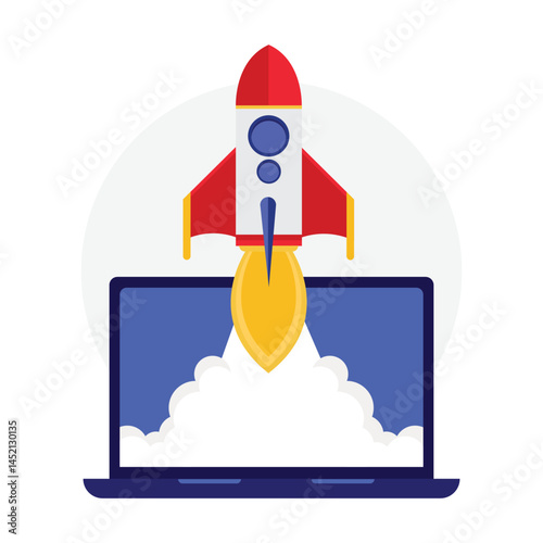 Business startup. Rocket launch from laptop screen. Rocket taking off. Business start- up