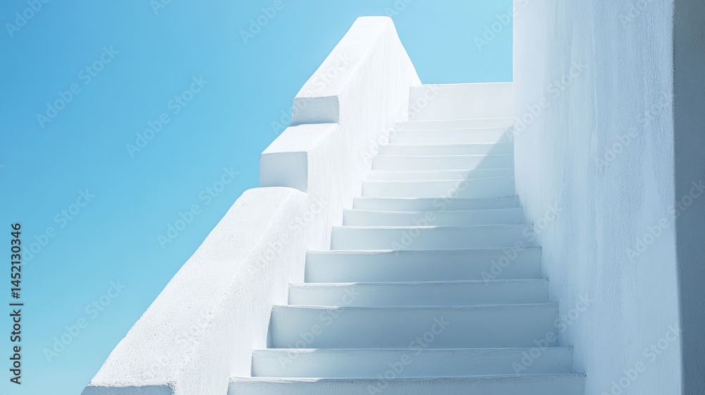 Fototapeta premium White stairs ascend to blue sky, sunny day, peaceful background, ideal for travel brochures