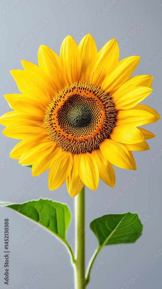 Fototapeta premium Bright sunflower bloom stands out against a neutral background